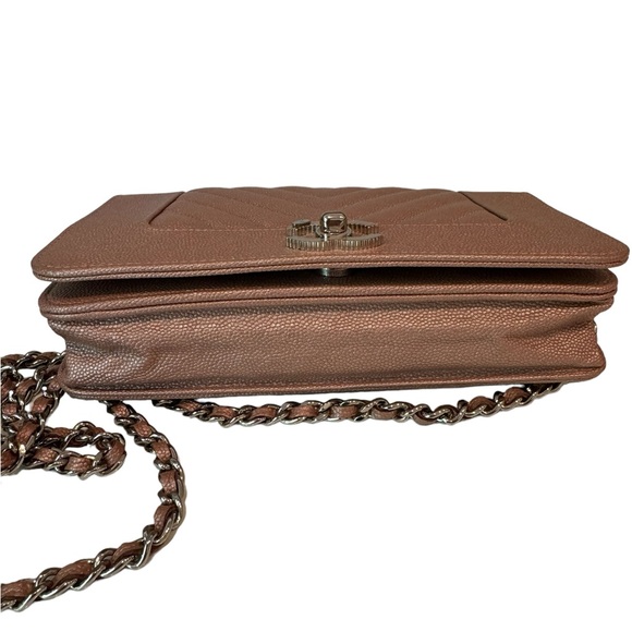 Chanel Metallic Pink Caviar Chevron Quilted Mademoiselle Wallet On Chain - Picture 5 of 15